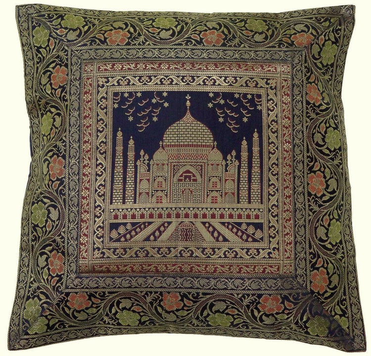 17" Sq Indian Art Silk Woven Zari Borcade Banarasi Cushion Pillow Covers Navy Bl