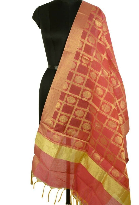 Dark Pink Banarasi Dupatta Floral Woven Zari Brocade Indian Long Stole Wrap Shaw