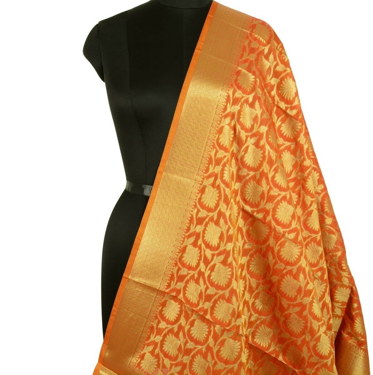 Rust Banarasi Dupatta Floral Woven Zari Brocade Indian Long Stole Wrap Shawl