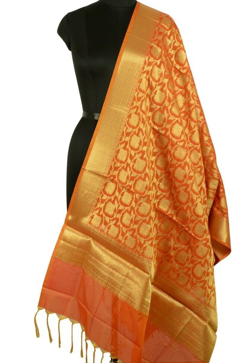 Rust Banarasi Dupatta Floral Woven Zari Brocade Indian Long Stole Wrap Shawl