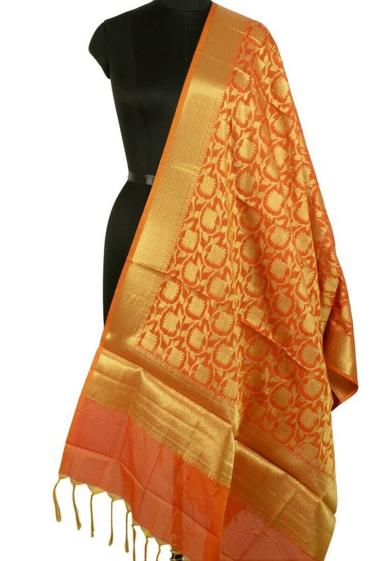 Rust Banarasi Dupatta Floral Woven Zari Brocade Indian Long Stole Wrap Shawl