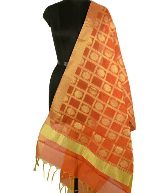 Rust Banarasi Dupatta Floral Woven Zari Brocade Indian Long Stole Wrap Shawl