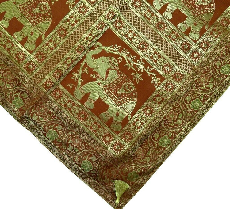 48" Square Indian Art Silk Zari Woven Elephant Table Top Cover Cloth Rust