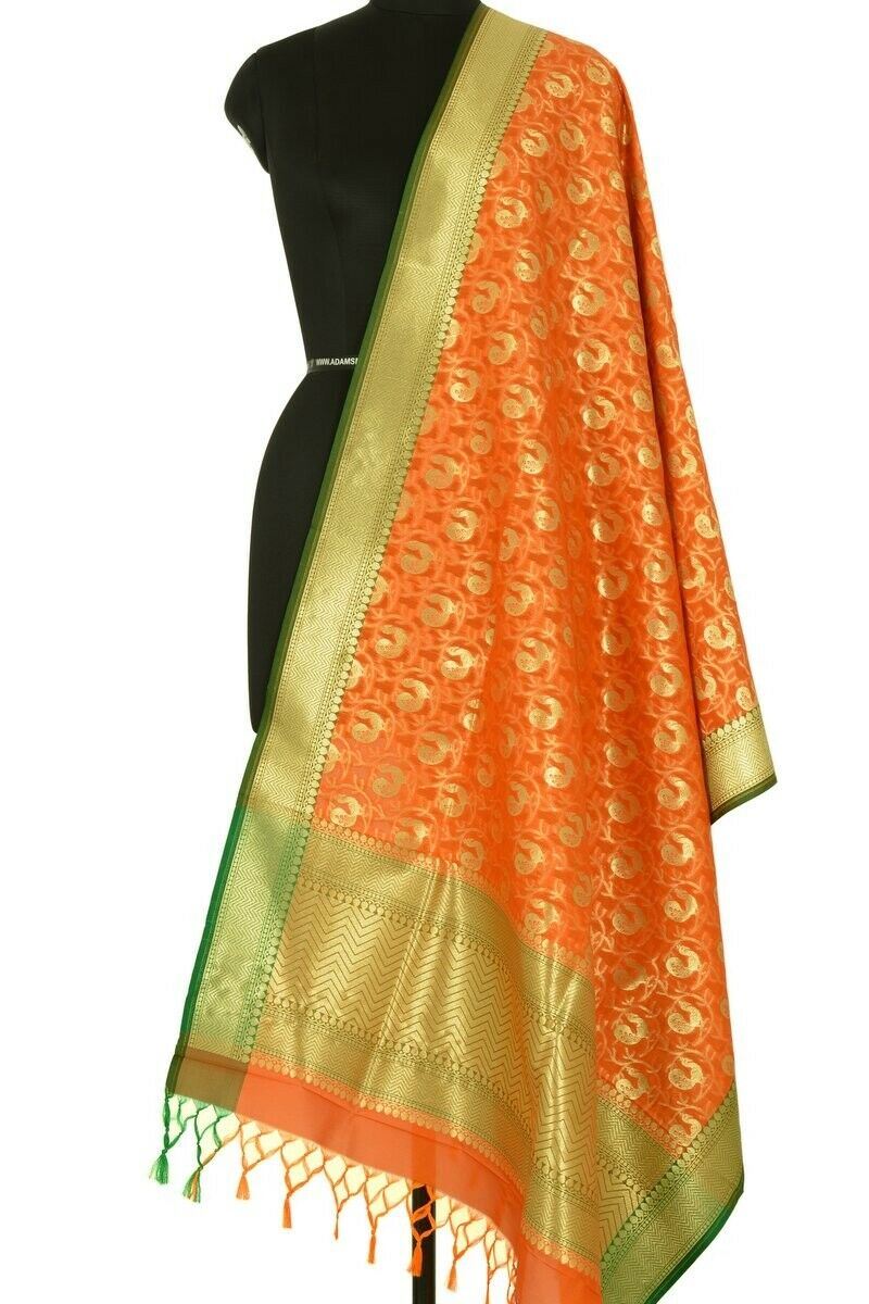 Orange Banarasi Dupatta Peacock Woven Zari Brocade Indian Long Stole Wrap