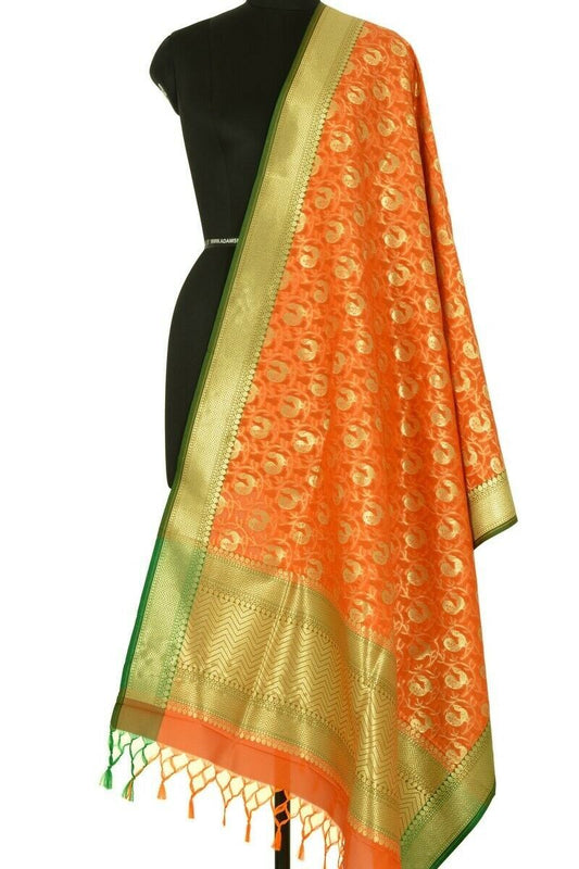 Orange Banarasi Dupatta Peacock Woven Zari Brocade Indian Long Stole Wrap