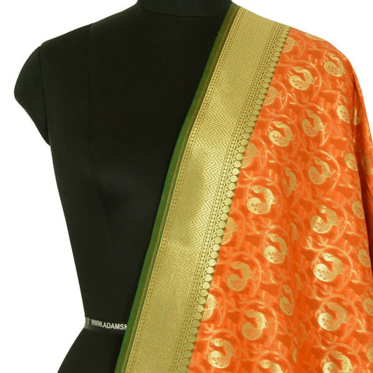 Orange Banarasi Dupatta Peacock Woven Zari Brocade Indian Long Stole Wrap