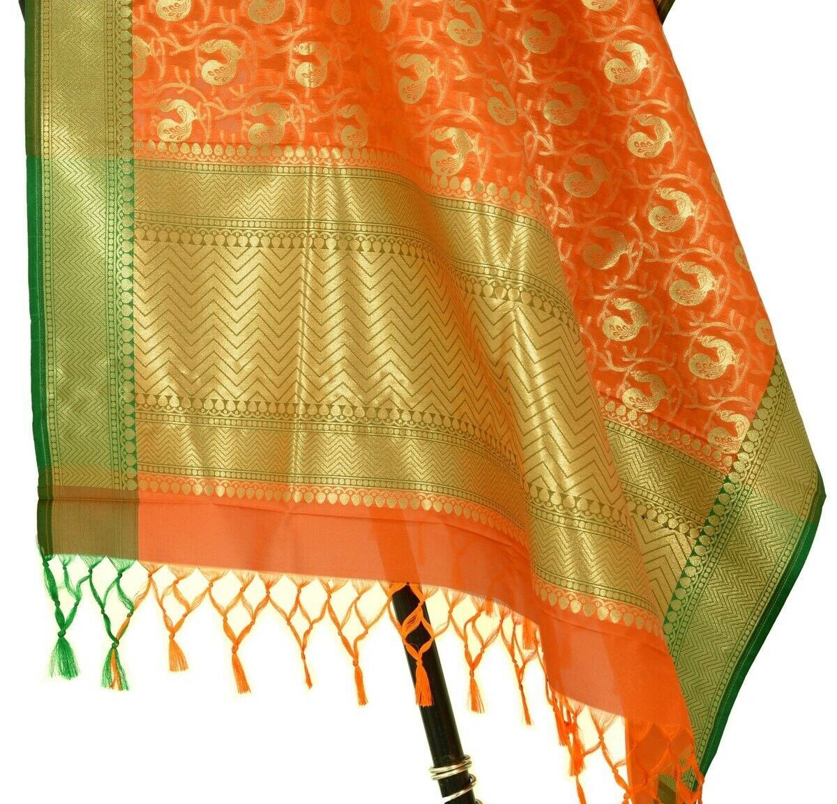 Orange Banarasi Dupatta Peacock Woven Zari Brocade Indian Long Stole Wrap