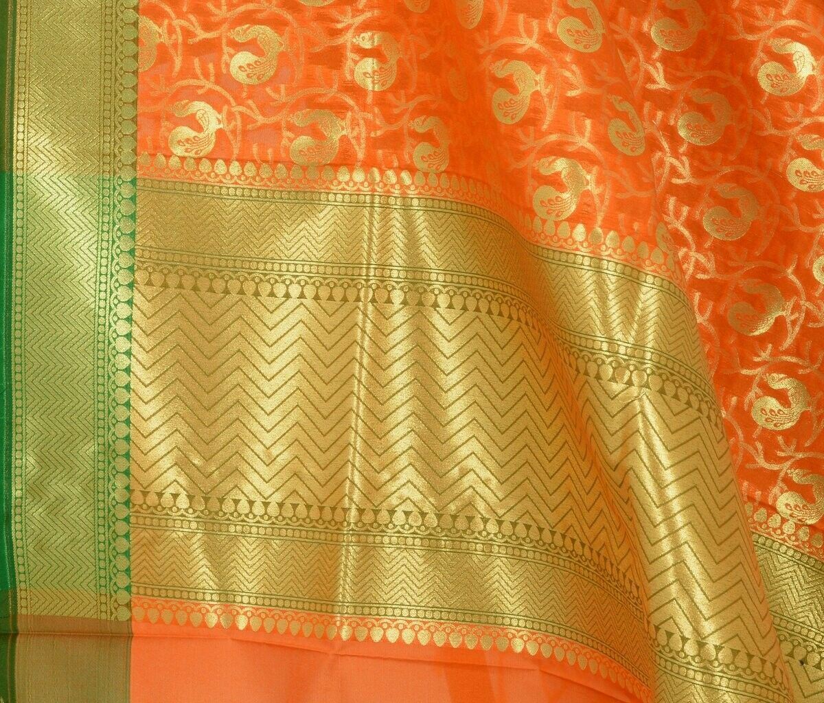 Orange Banarasi Dupatta Peacock Woven Zari Brocade Indian Long Stole Wrap