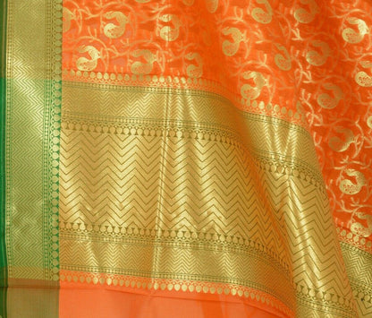 Orange Banarasi Dupatta Peacock Woven Zari Brocade Indian Long Stole Wrap