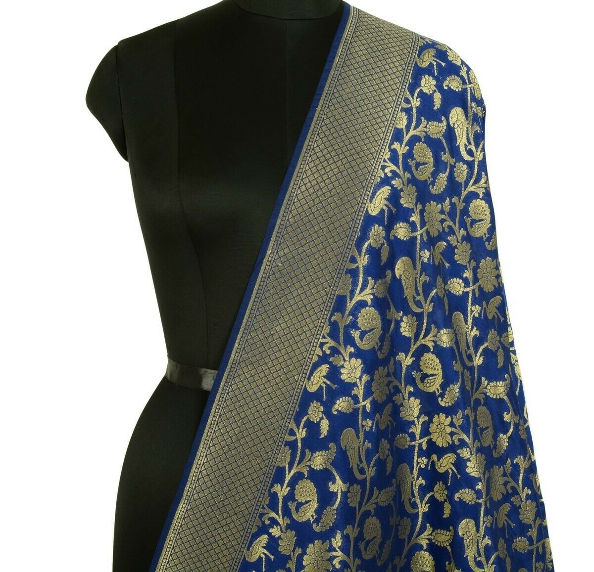 Blue Banarasi Dupatta Birds Woven Zari Brocade Indian Long Stole Wrap Shawl