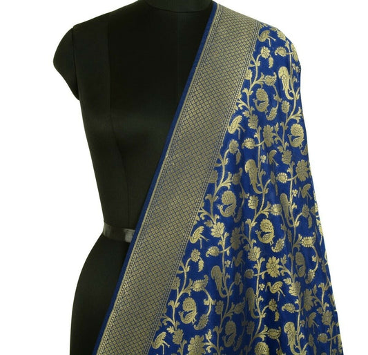 Blue Banarasi Dupatta Birds Woven Zari Brocade Indian Long Stole Wrap Shawl