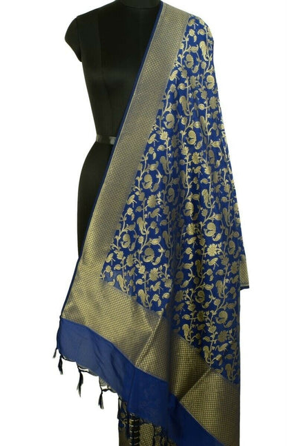 Blue Banarasi Dupatta Birds Woven Zari Brocade Indian Long Stole Wrap Shawl