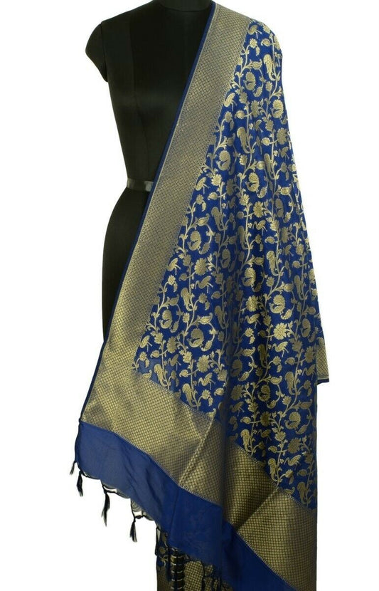 Blue Banarasi Dupatta Birds Woven Zari Brocade Indian Long Stole Wrap Shawl
