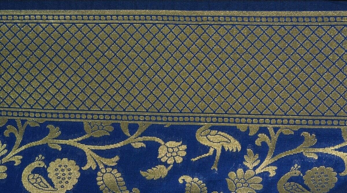 Blue Banarasi Dupatta Birds Woven Zari Brocade Indian Long Stole Wrap Shawl