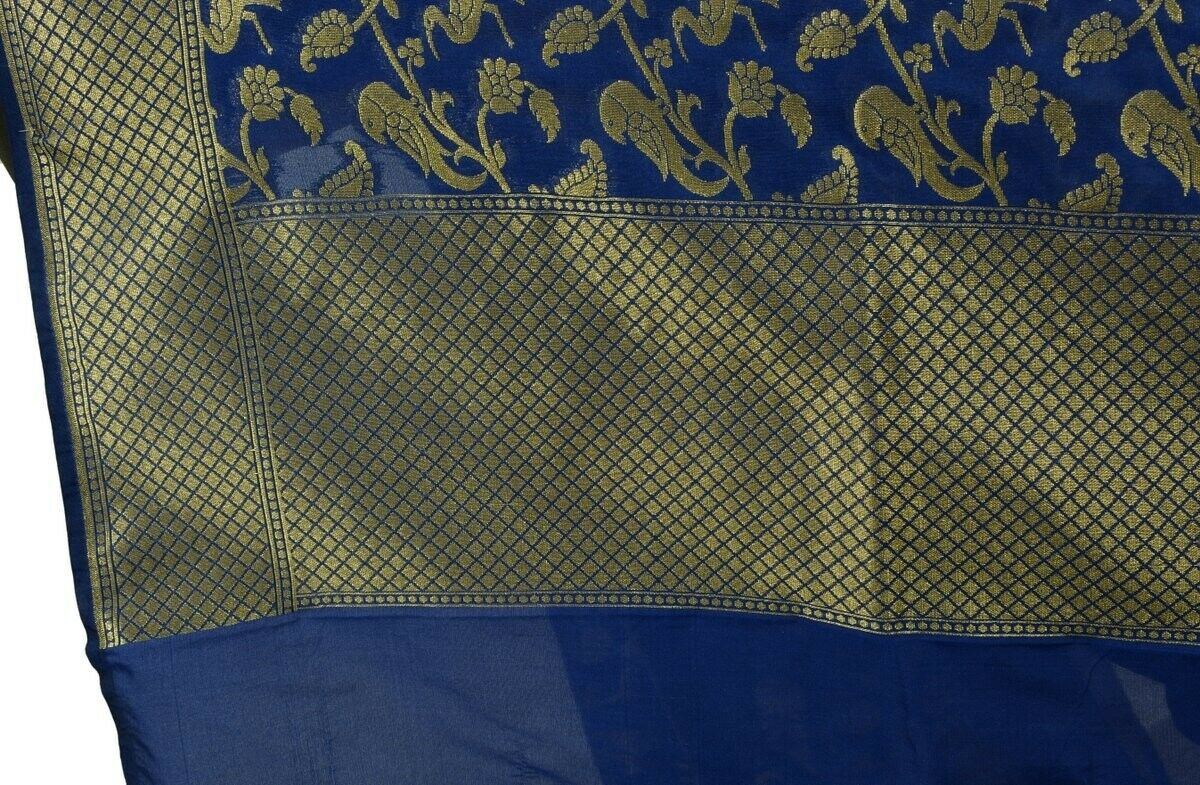 Blue Banarasi Dupatta Birds Woven Zari Brocade Indian Long Stole Wrap Shawl
