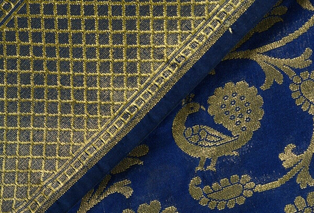 Blue Banarasi Dupatta Birds Woven Zari Brocade Indian Long Stole Wrap Shawl