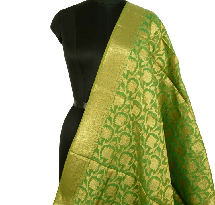 Green Banarasi Dupatta Floral Woven Zari Brocade Indian Long Stole Wrap Shawl