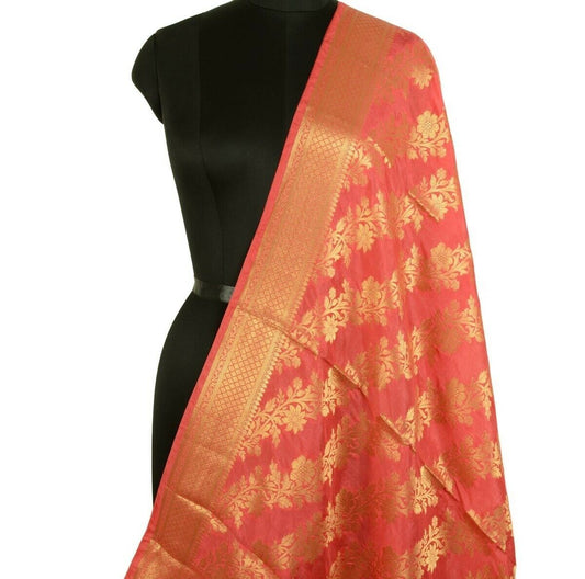 Pink Banarasi Dupatta Floral Woven Zari Brocade Indian Long Stole Wrap Shawl
