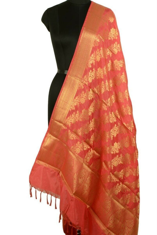 Pink Banarasi Dupatta Floral Woven Zari Brocade Indian Long Stole Wrap Shawl