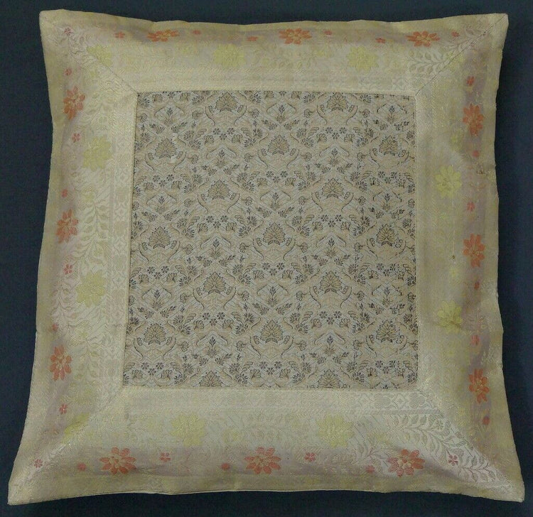 16" Sq Indian Art Silk Woven Zari Borcade Banarasi Cushion Pillow Covers Cream