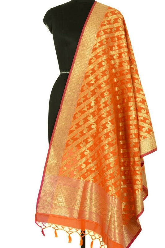 Orange Banarasi Dupatta Birds & Animal Woven Zari Brocade Indian Long Stole Wrap