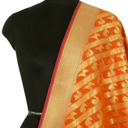 Orange Banarasi Dupatta Birds & Animal Woven Zari Brocade Indian Long Stole Wrap