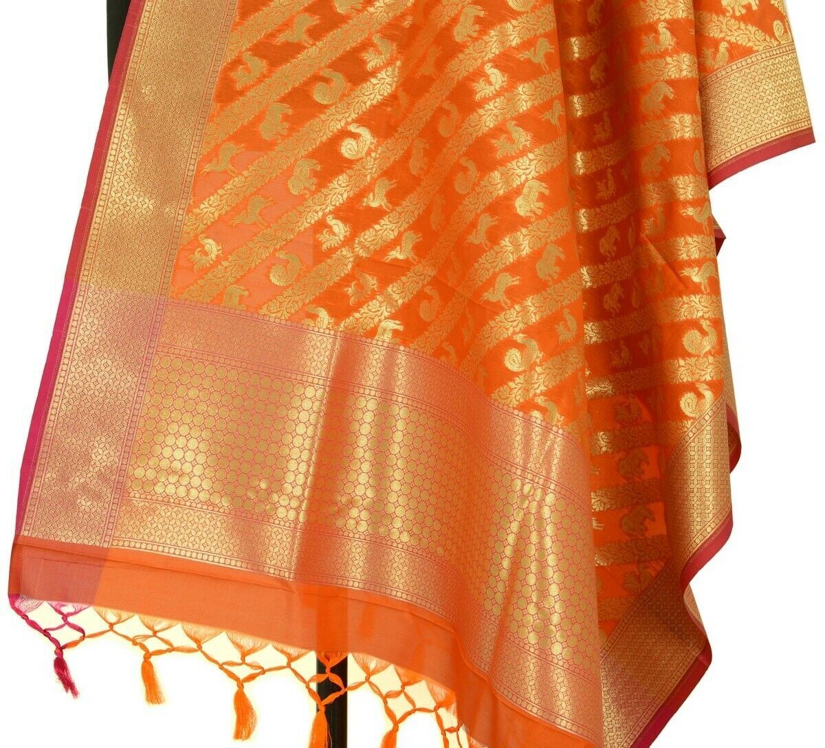 Orange Banarasi Dupatta Birds & Animal Woven Zari Brocade Indian Long Stole Wrap