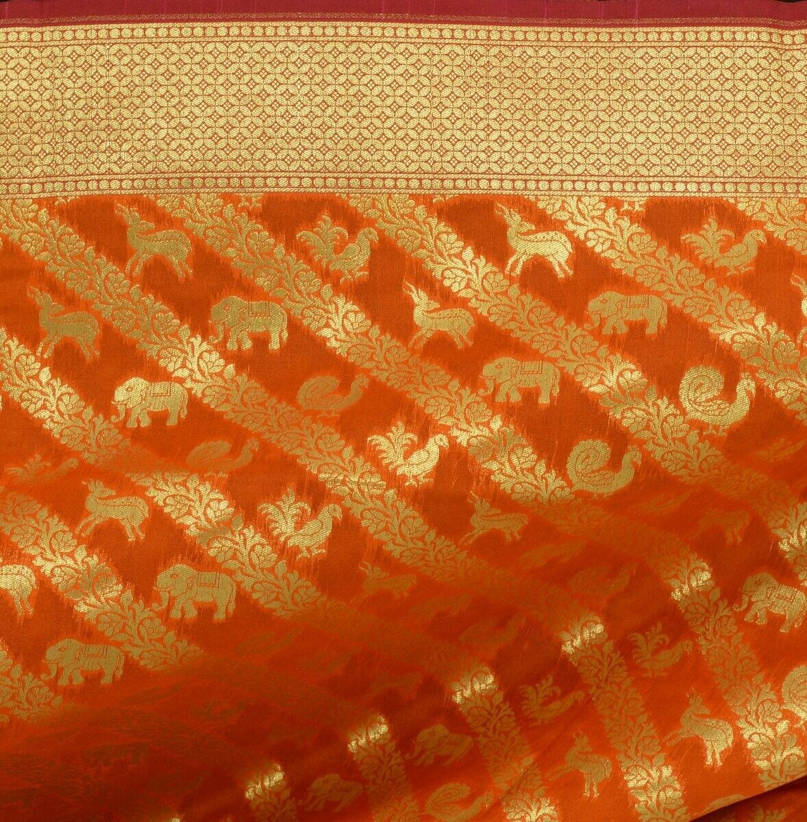 Orange Banarasi Dupatta Birds & Animal Woven Zari Brocade Indian Long Stole Wrap