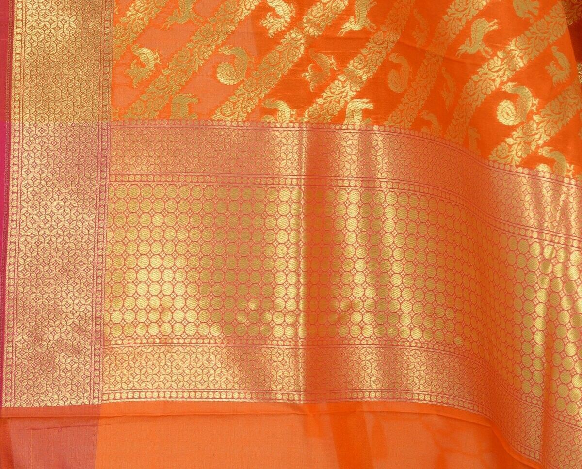 Orange Banarasi Dupatta Birds & Animal Woven Zari Brocade Indian Long Stole Wrap