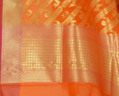 Orange Banarasi Dupatta Birds & Animal Woven Zari Brocade Indian Long Stole Wrap