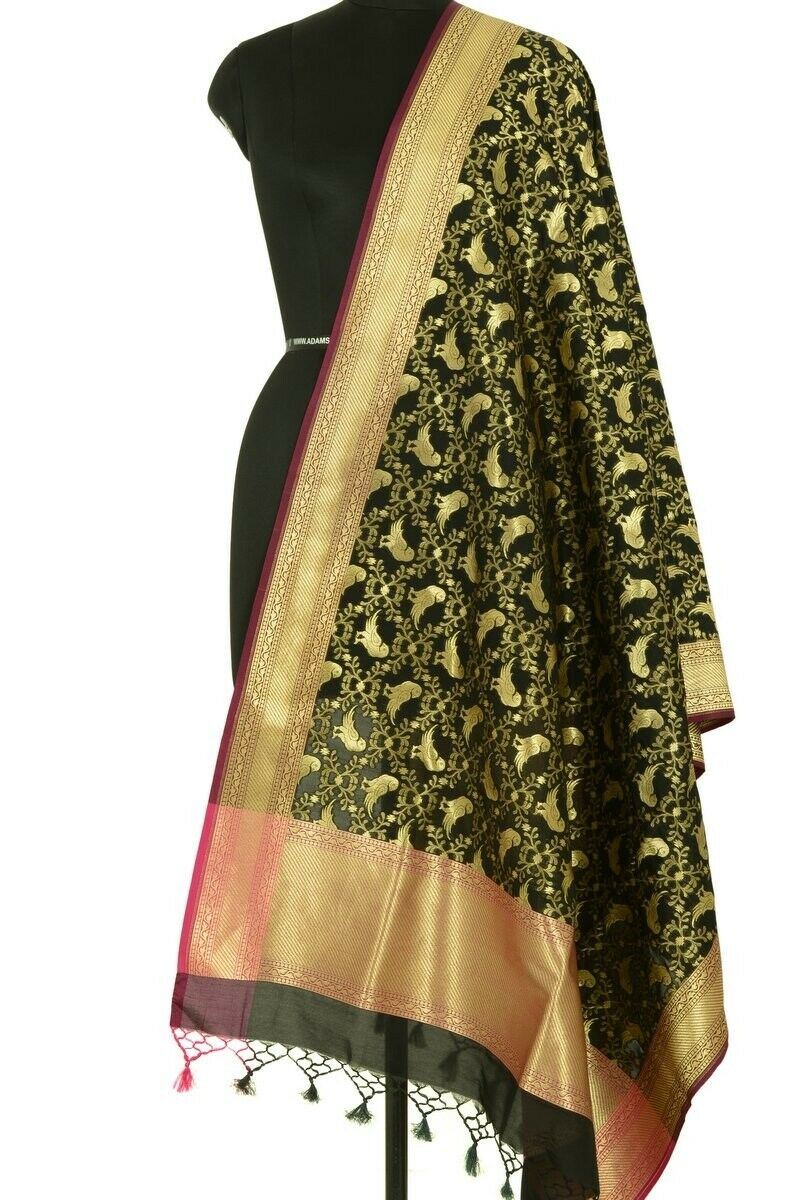 Black Banarasi Dupatta Birds Woven Zari Brocade Indian Long Stole Wrap Scarves