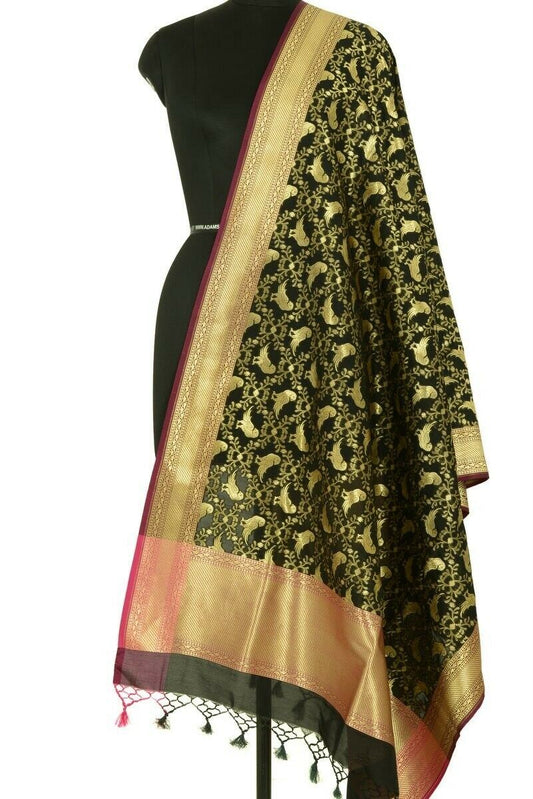 Black Banarasi Dupatta Birds Woven Zari Brocade Indian Long Stole Wrap Scarves