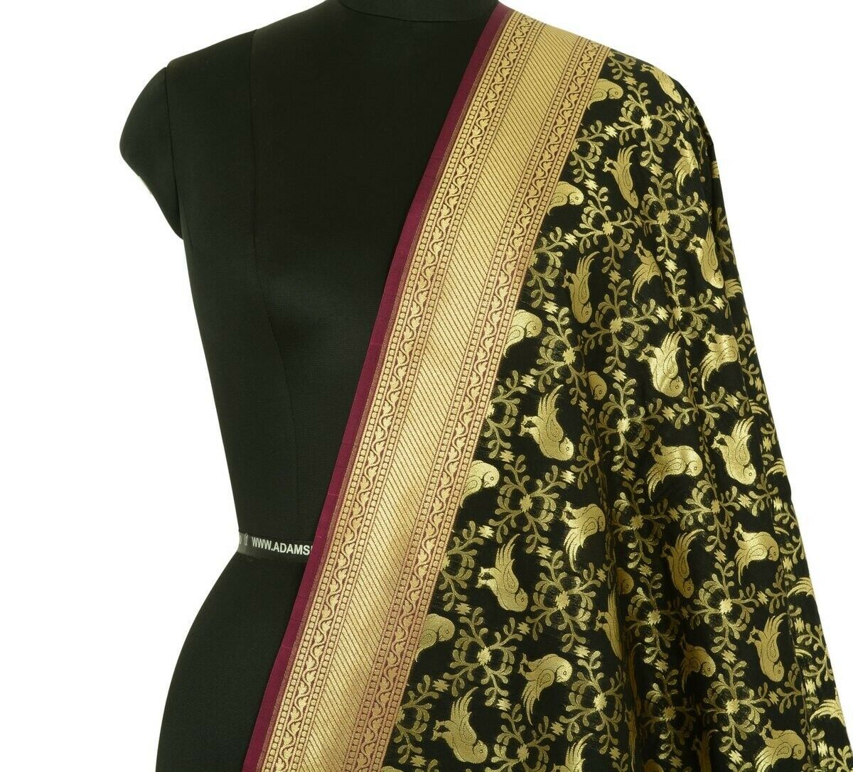 Black Banarasi Dupatta Birds Woven Zari Brocade Indian Long Stole Wrap Scarves