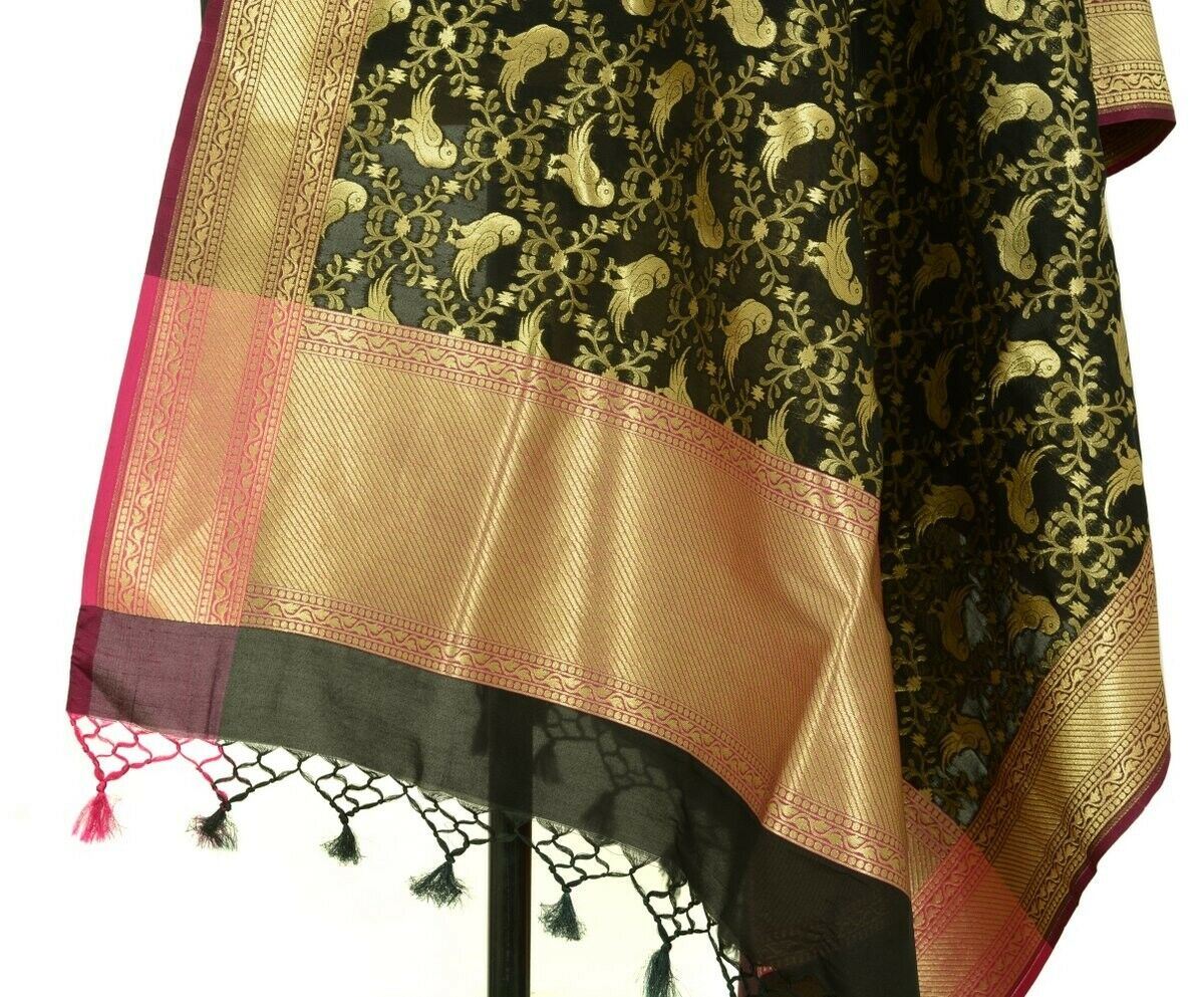Black Banarasi Dupatta Birds Woven Zari Brocade Indian Long Stole Wrap Scarves