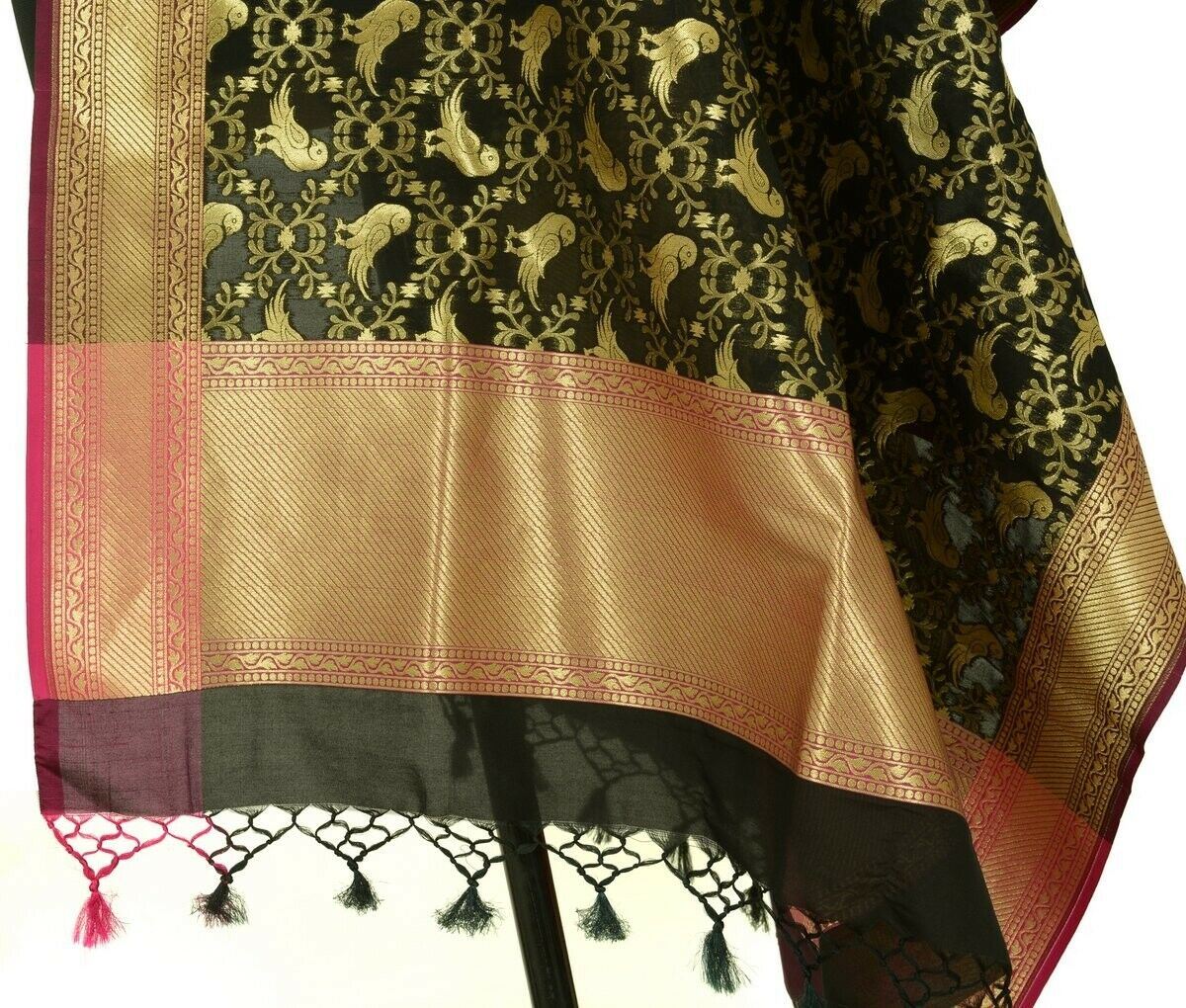 Black Banarasi Dupatta Birds Woven Zari Brocade Indian Long Stole Wrap Scarves