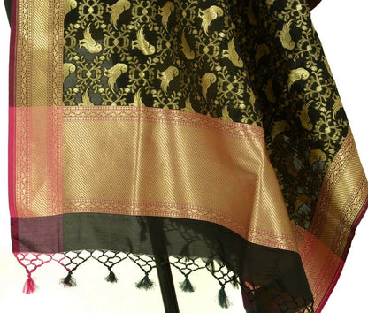 Black Banarasi Dupatta Birds Woven Zari Brocade Indian Long Stole Wrap Scarves
