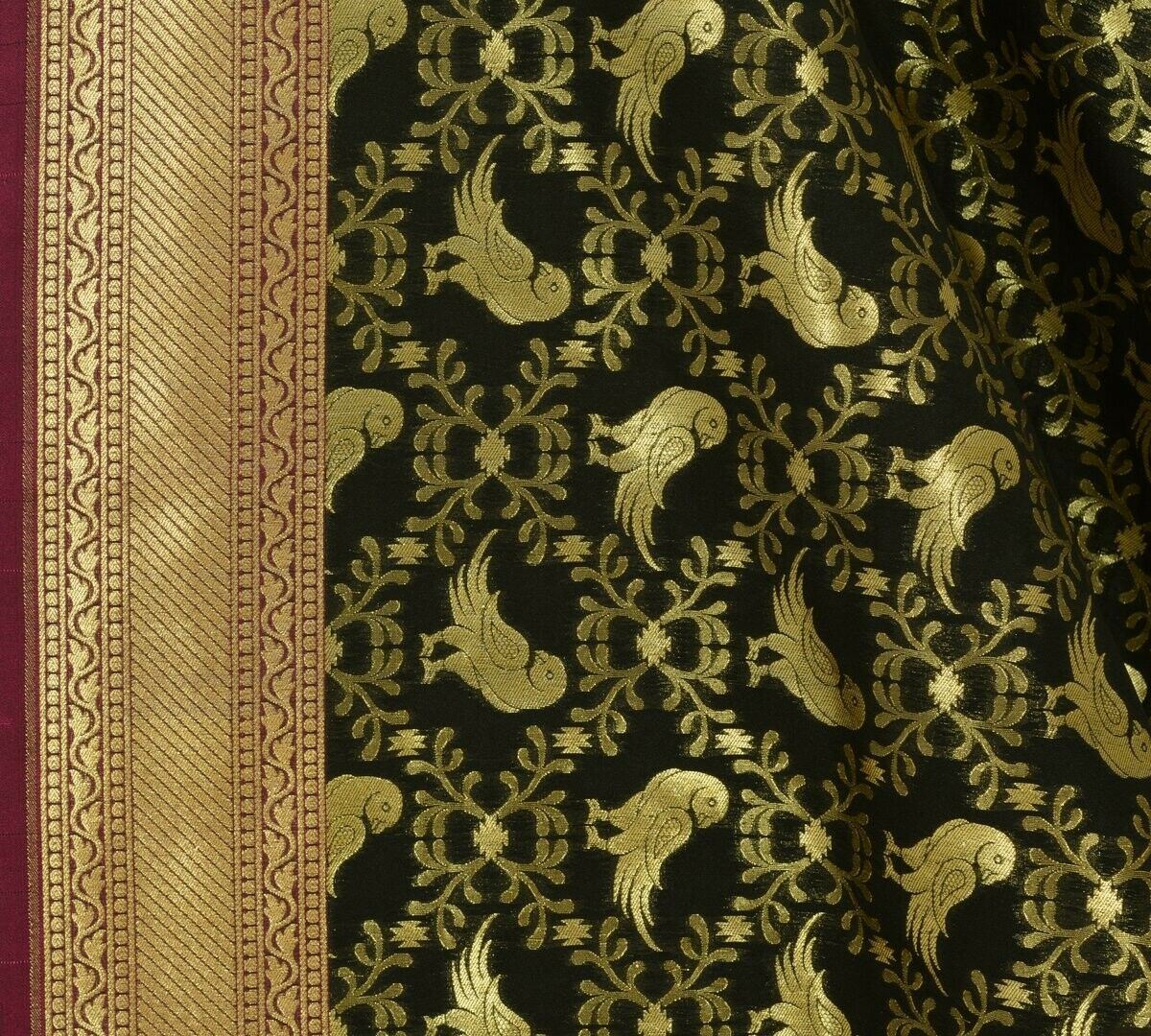 Black Banarasi Dupatta Birds Woven Zari Brocade Indian Long Stole Wrap Scarves