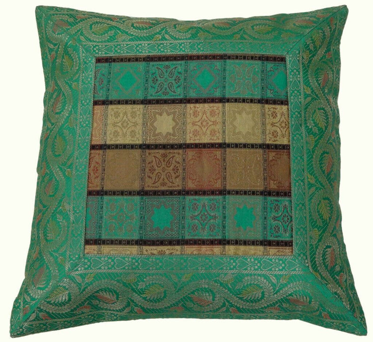16" Sq Indian Art Silk Woven Zari Borcade Banarasi Cushion Pillow Covers Multi