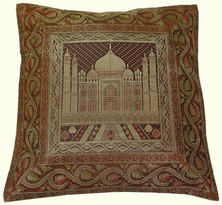 17" Sq Indian Art Silk Woven Zari Borcade Banarasi Cushion Pillow Covers Brown