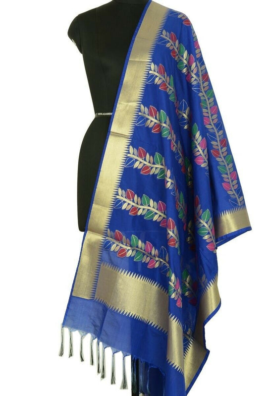 Blue Banarasi Dupatta Floral Woven Zari Brocade Indian Long Stole Wrap Shawl