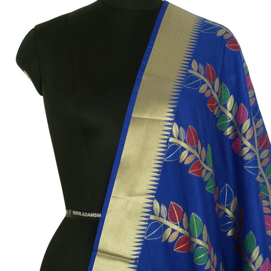 Blue Banarasi Dupatta Floral Woven Zari Brocade Indian Long Stole Wrap Shawl