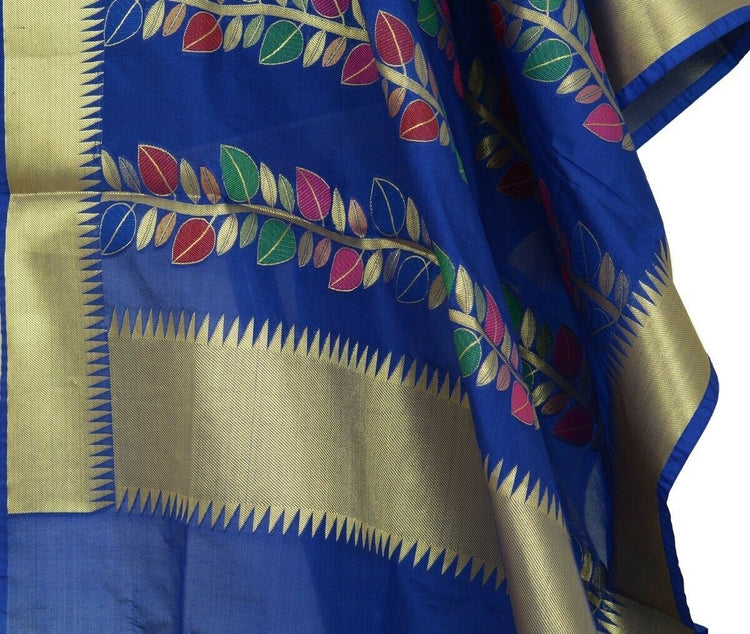 Blue Banarasi Dupatta Floral Woven Zari Brocade Indian Long Stole Wrap Shawl