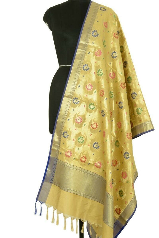 Beige Banarasi Dupatta Floral Woven Zari Brocade Indian Long Stole Wrap Shawl