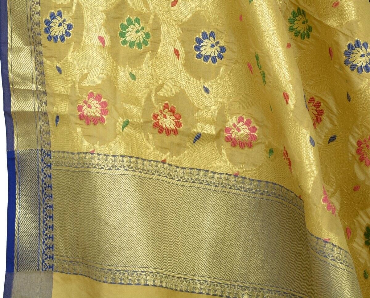 Beige Banarasi Dupatta Floral Woven Zari Brocade Indian Long Stole Wrap Shawl