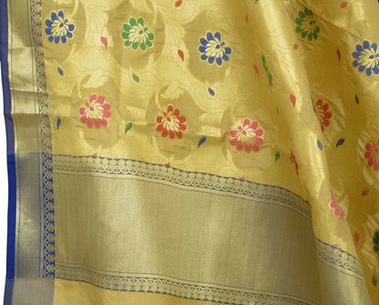 Beige Banarasi Dupatta Floral Woven Zari Brocade Indian Long Stole Wrap Shawl