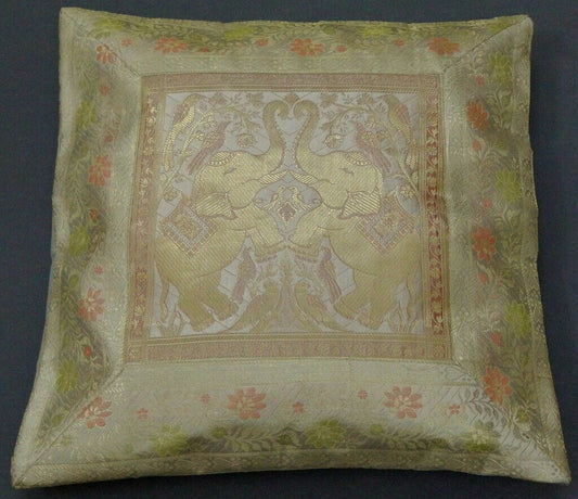 17" Sq Indian Art Silk Woven Zari Borcade Banarasi Cushion Pillow Covers Beige