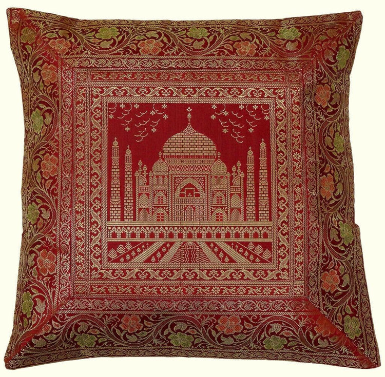 17" Sq Indian Art Silk Woven Zari Borcade Banarasi Cushion Pillow Covers Maroon