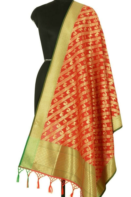 Red Banarasi Dupatta Birds & Animal Woven Zari Brocade Indian Long Stole Wrap