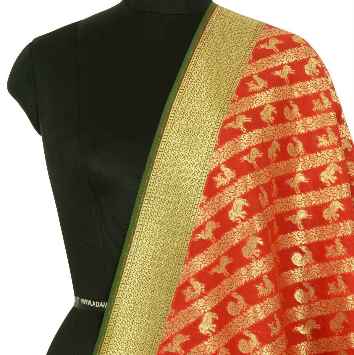 Red Banarasi Dupatta Birds & Animal Woven Zari Brocade Indian Long Stole Wrap
