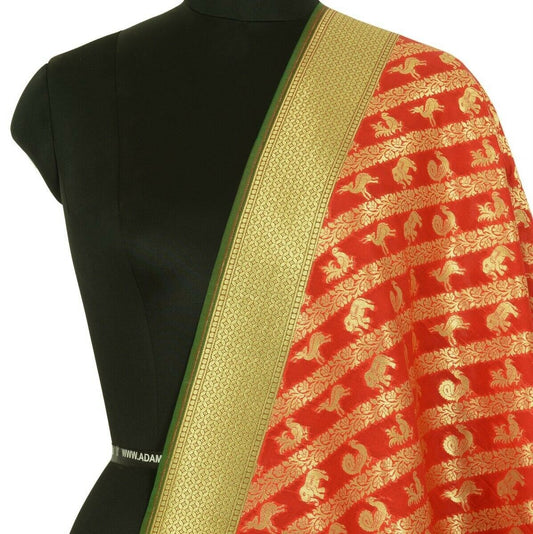 Red Banarasi Dupatta Birds & Animal Woven Zari Brocade Indian Long Stole Wrap